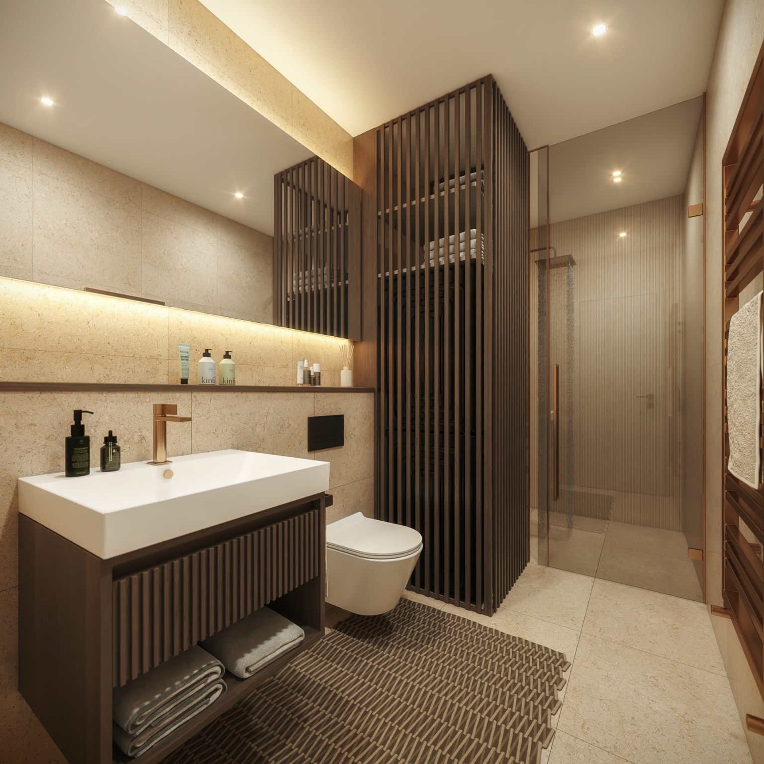 Moderní koupelna s elegantním designem a jemným osvětlením