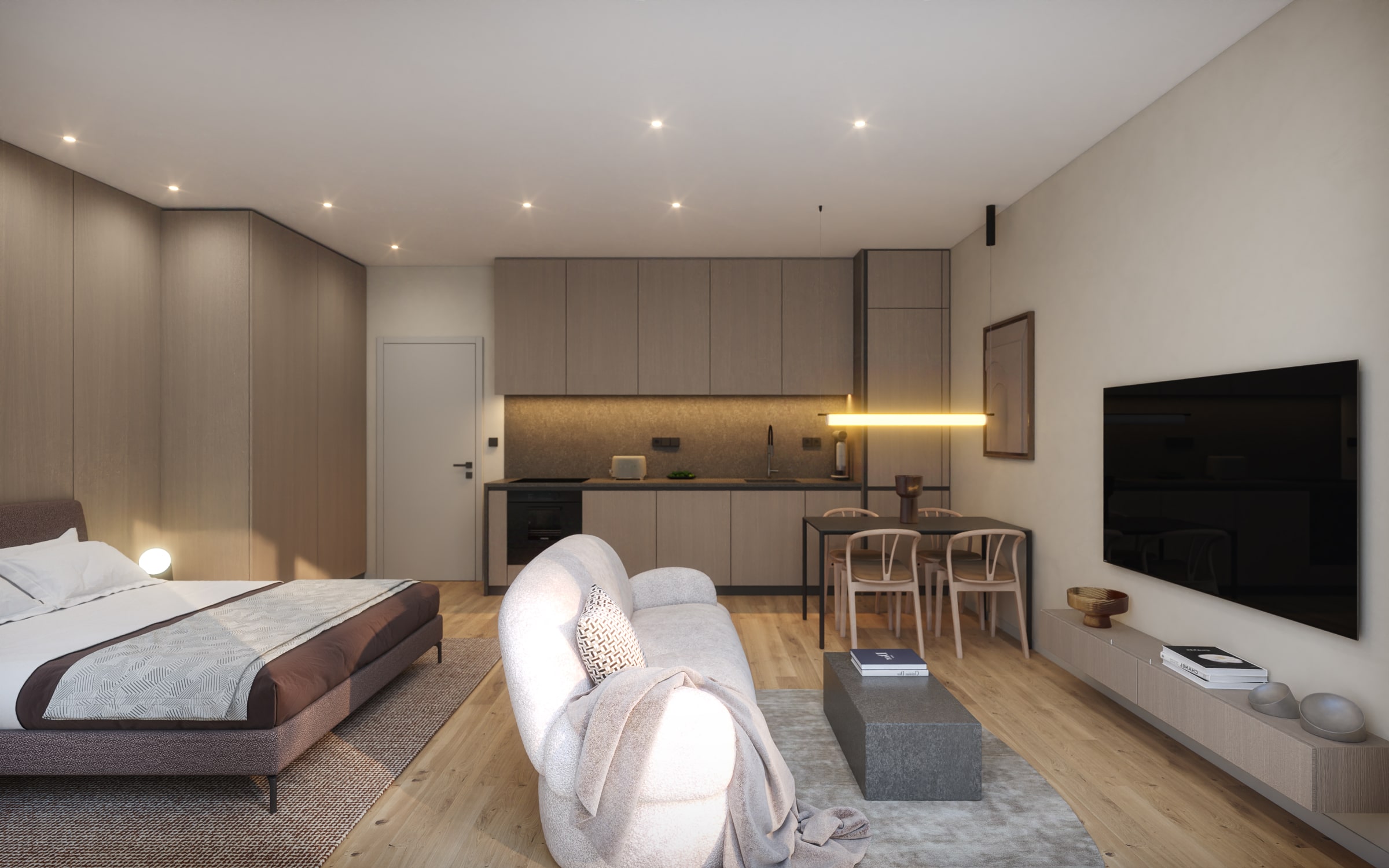 Moderní interiér pokoje s kuchyňským koutem a obývací částí