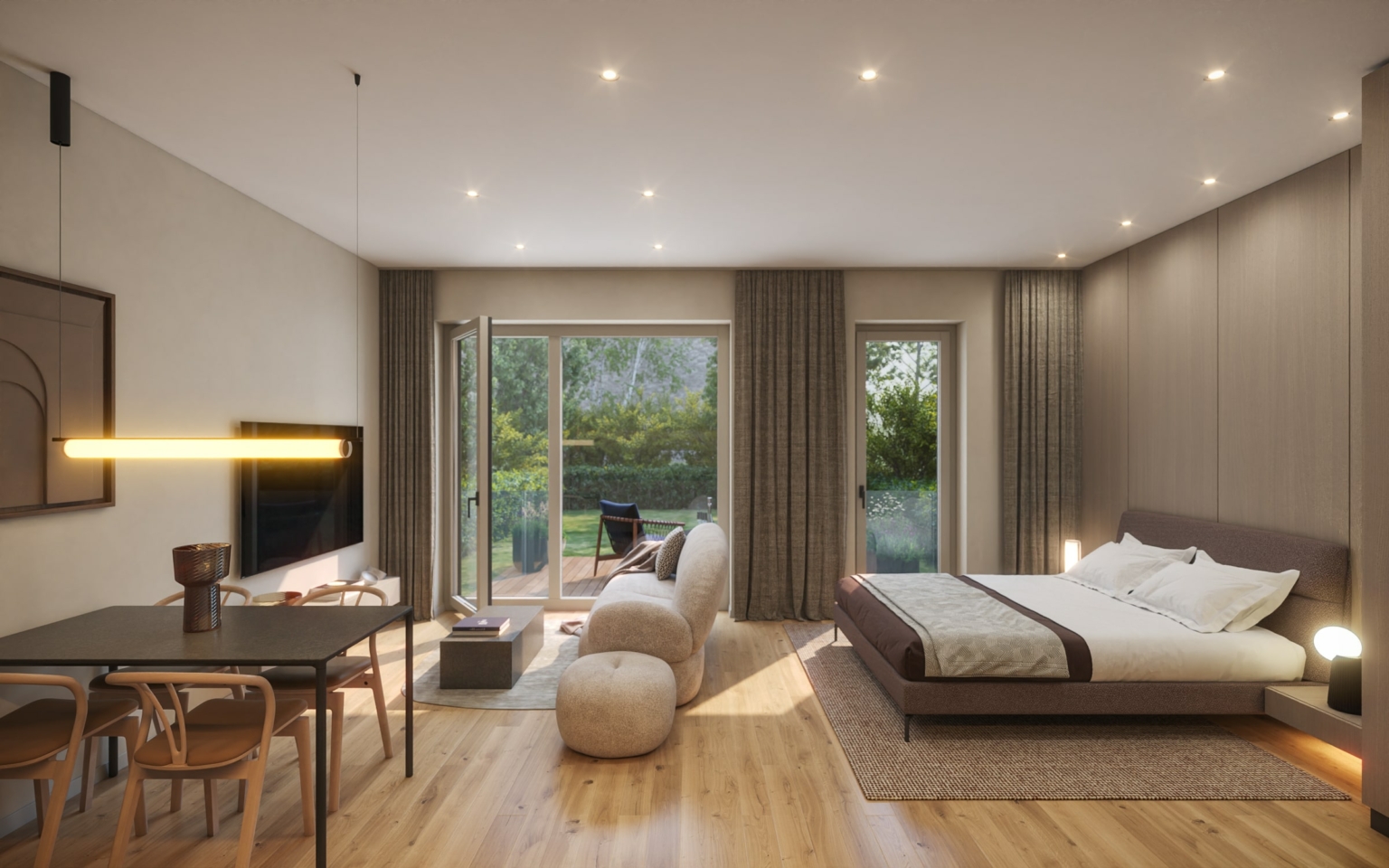 Modern bedroom interior with views of the countryside