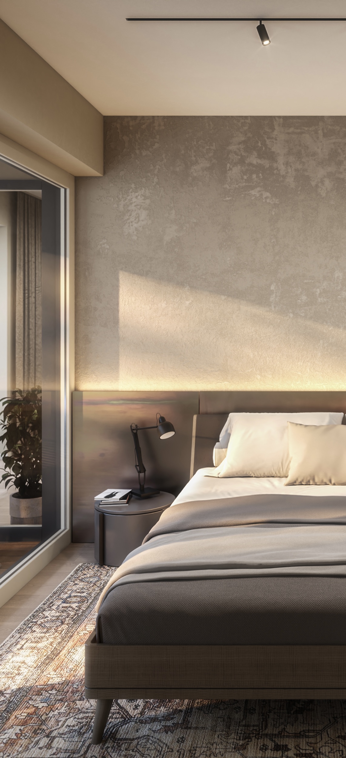 Moderní ložnice s minimalistickým designem a denním světlem