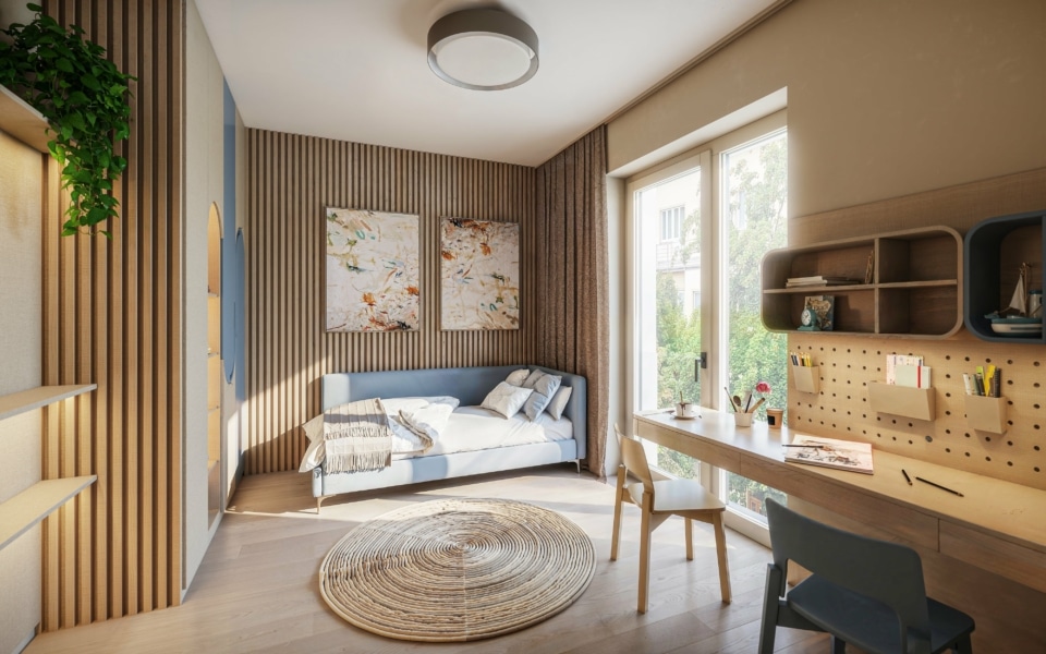 Moderní pokoj pro teenagery s postelí a psacím stolem