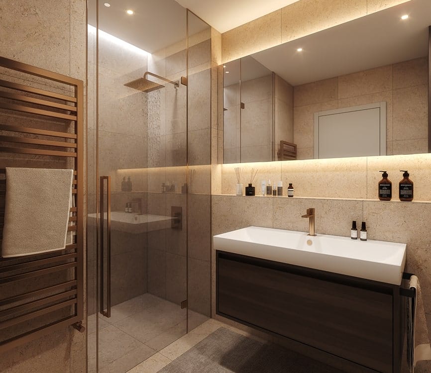 Moderní design koupelny se sprchovým koutem a umyvadlem