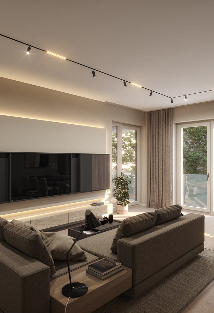 Moderní obývací pokoj s pohodlnou pohovkou a velkou TV