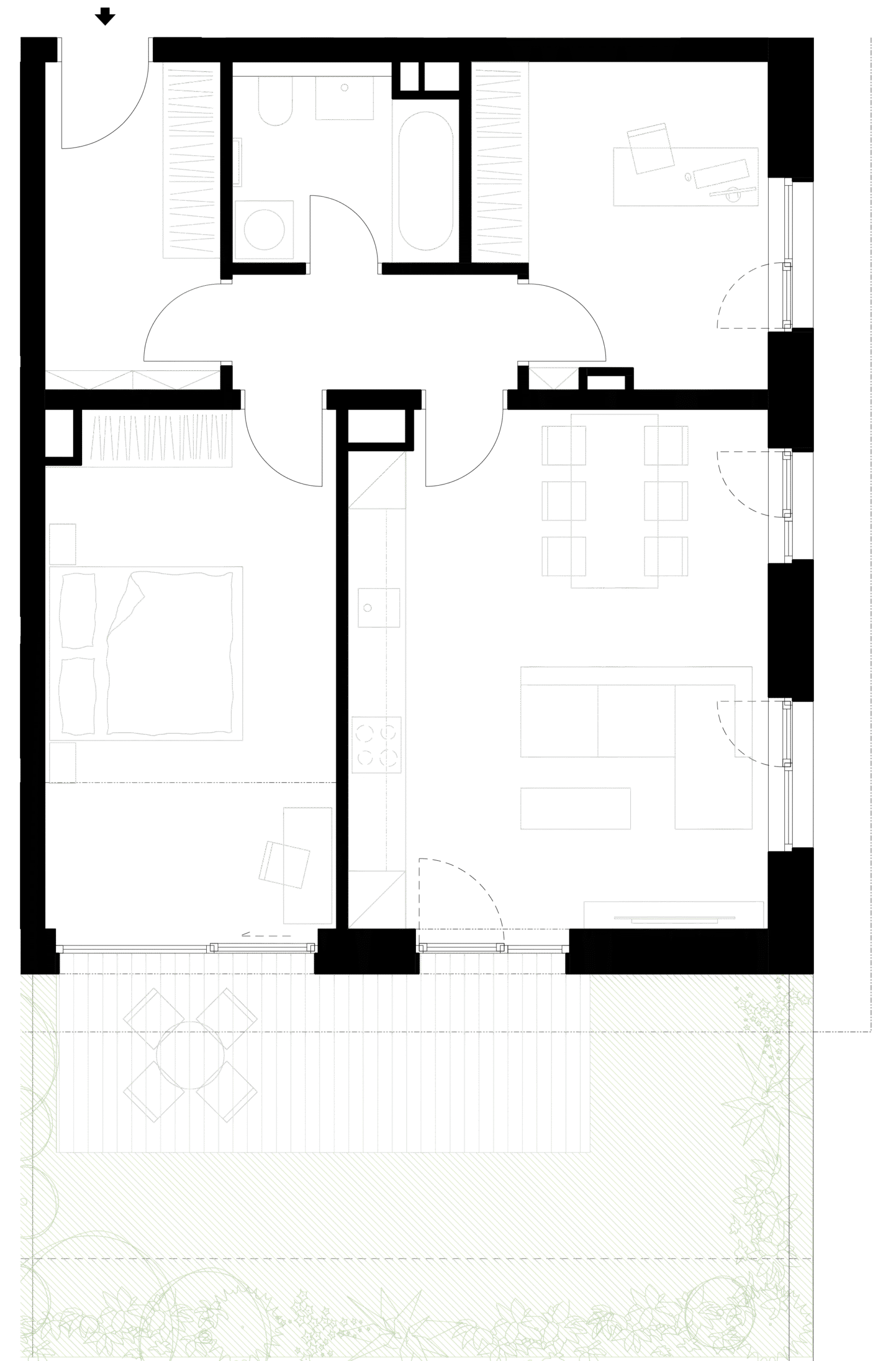 Půdorys moderního bytu s terasou a nábytkem