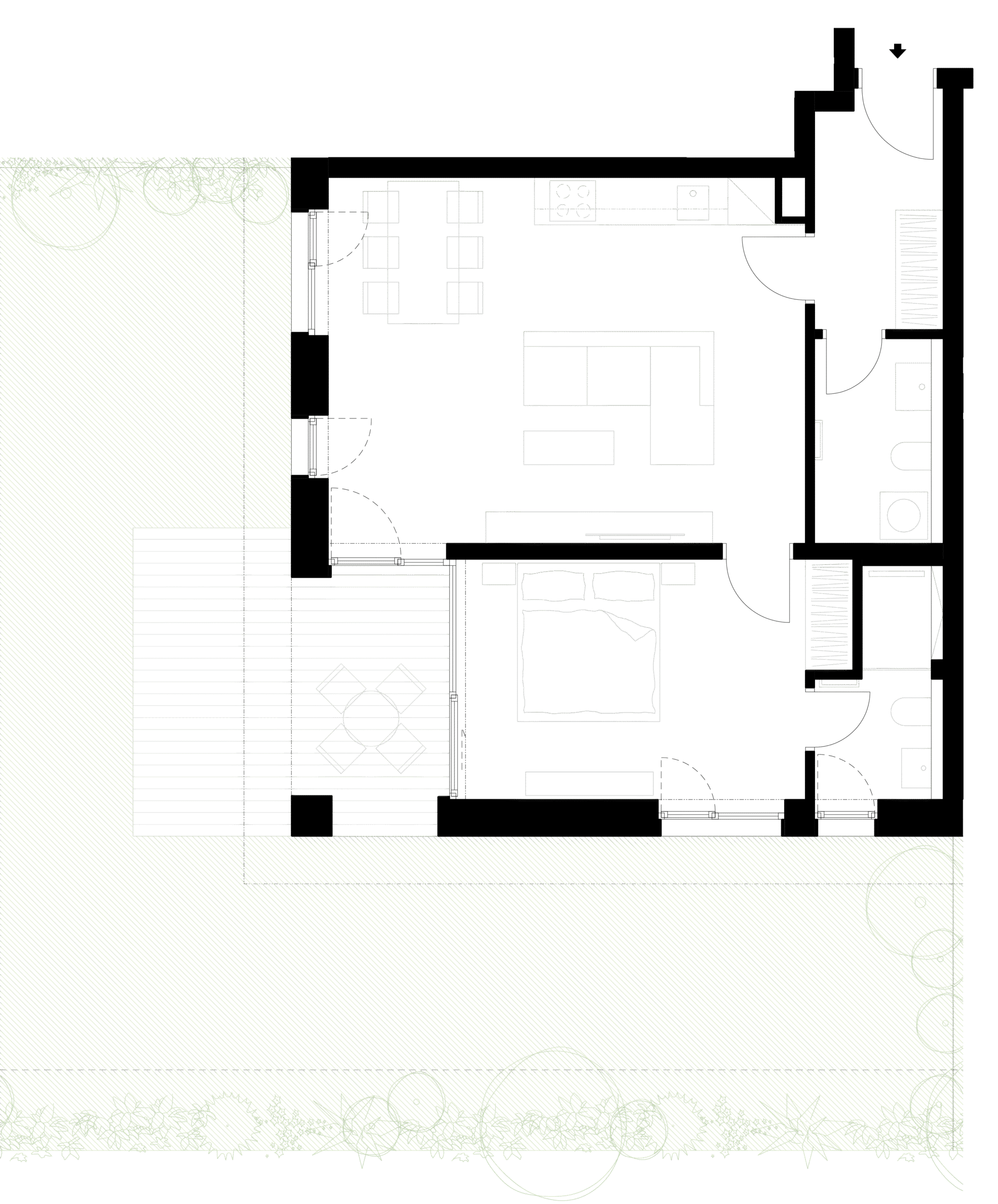 Půdorys moderního bytu s nábytkem a místnostmi