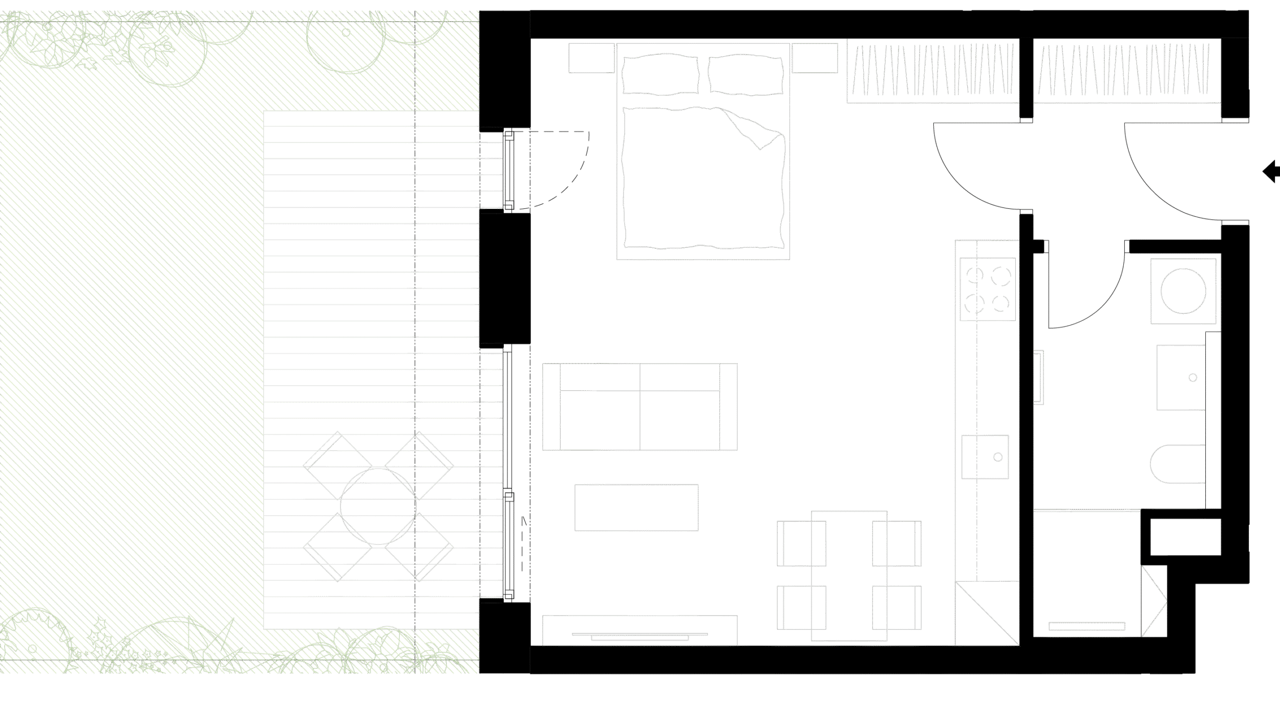 Půdorys moderního bytu s nábytkem a koupelnou