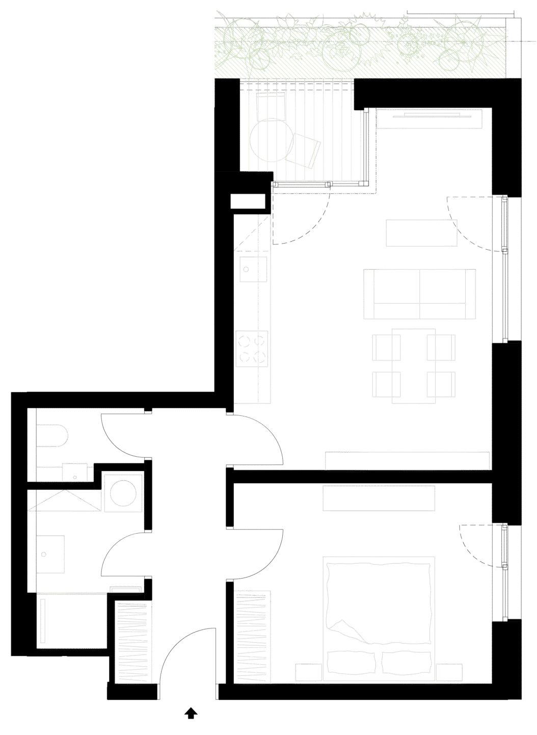 Půdorys moderního bytu s jednou ložnicí a kuchyní