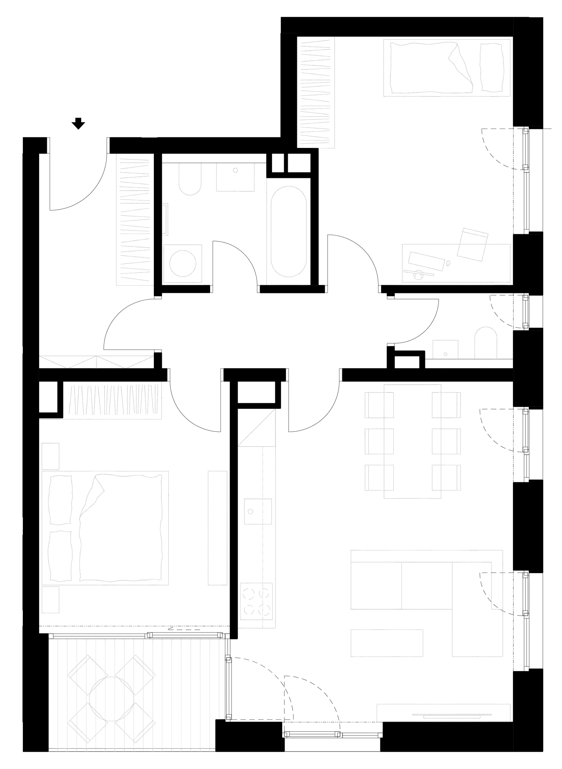 Půdorys bytu s ložnicí obývákem a koupelnou na černém pozadí