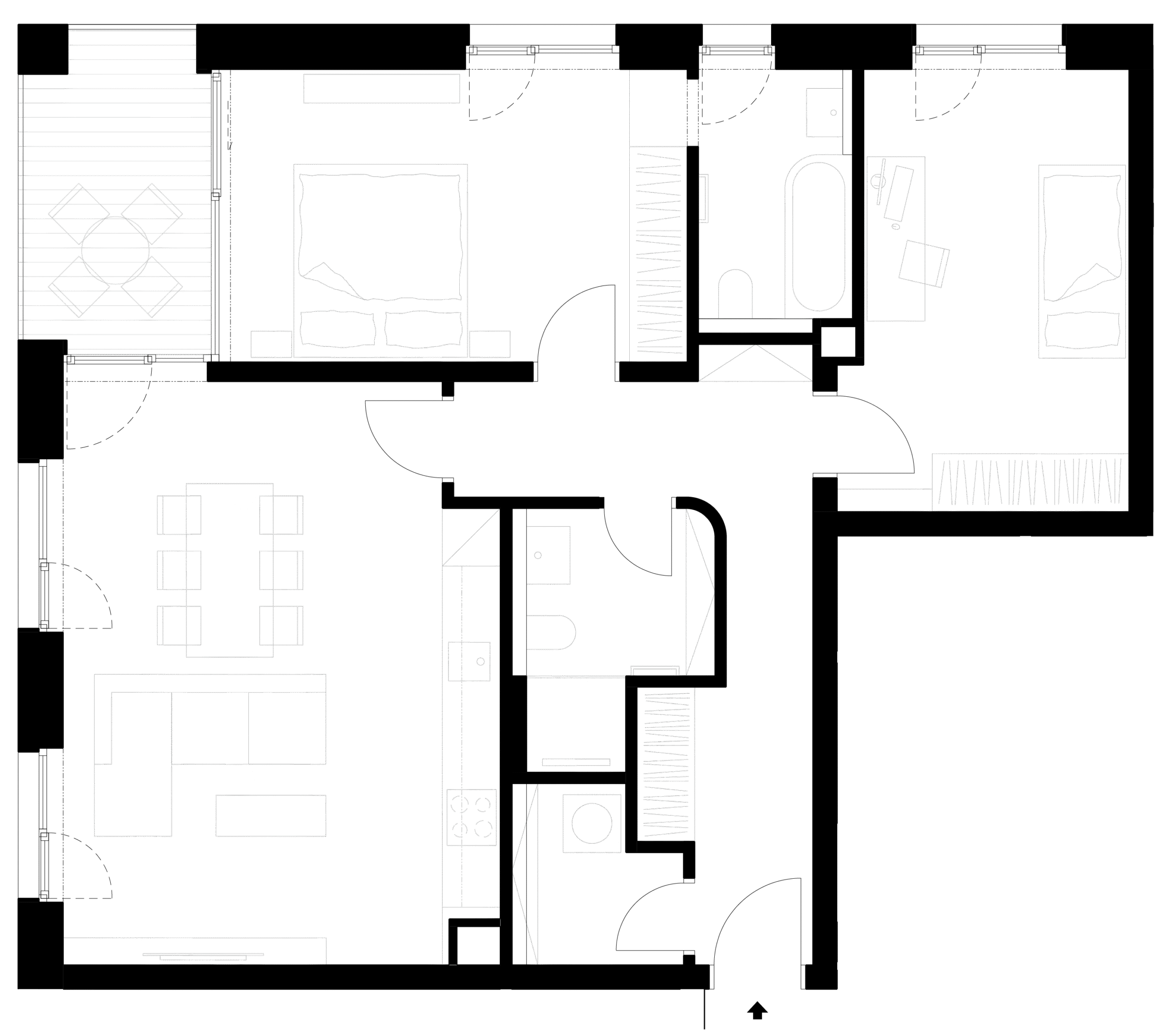 Půdorys moderního bytu s nábytkem a zařizovacími předměty