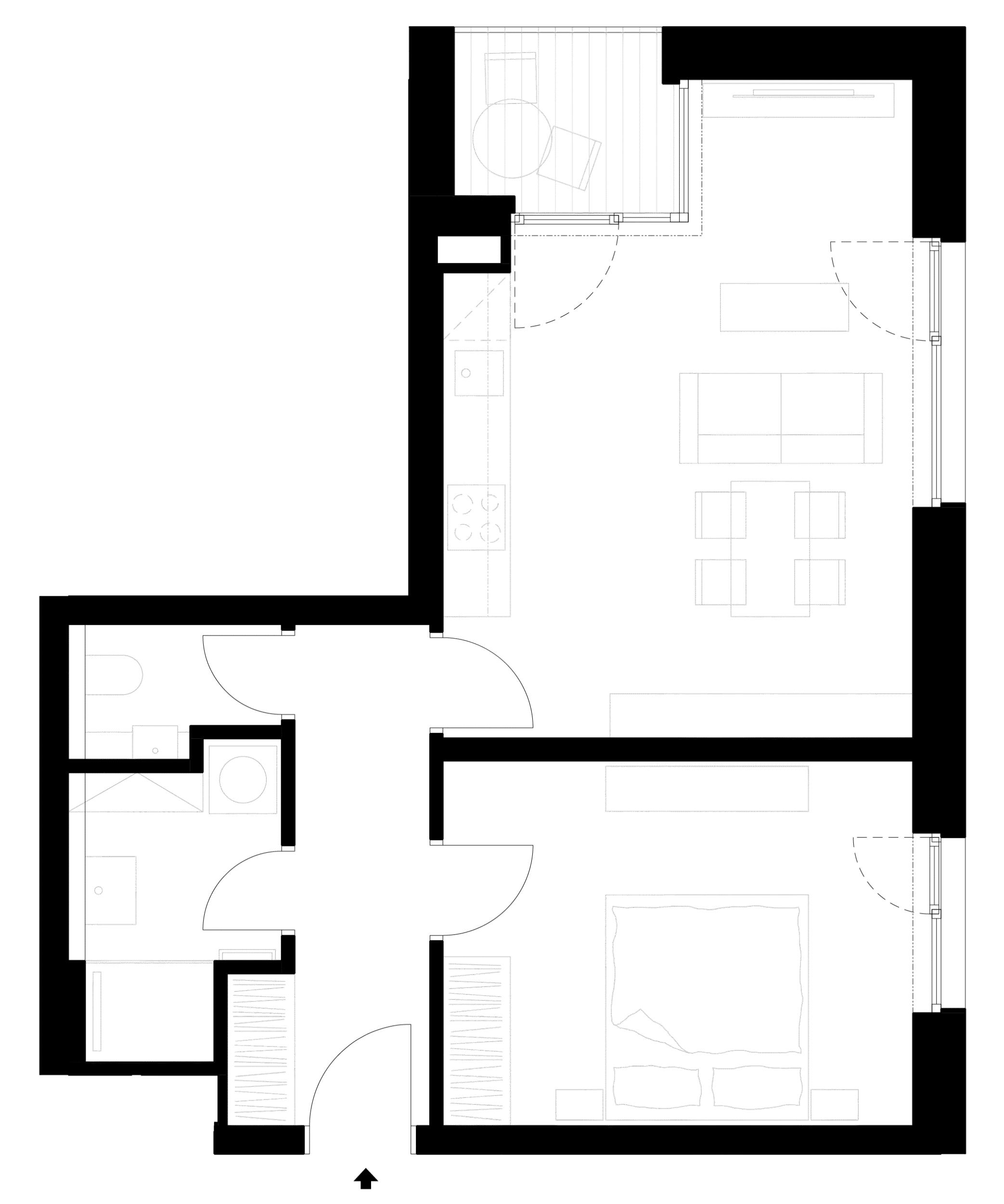 Půdorys bytu s nábytkem a vybavením v minimalistickém stylu
