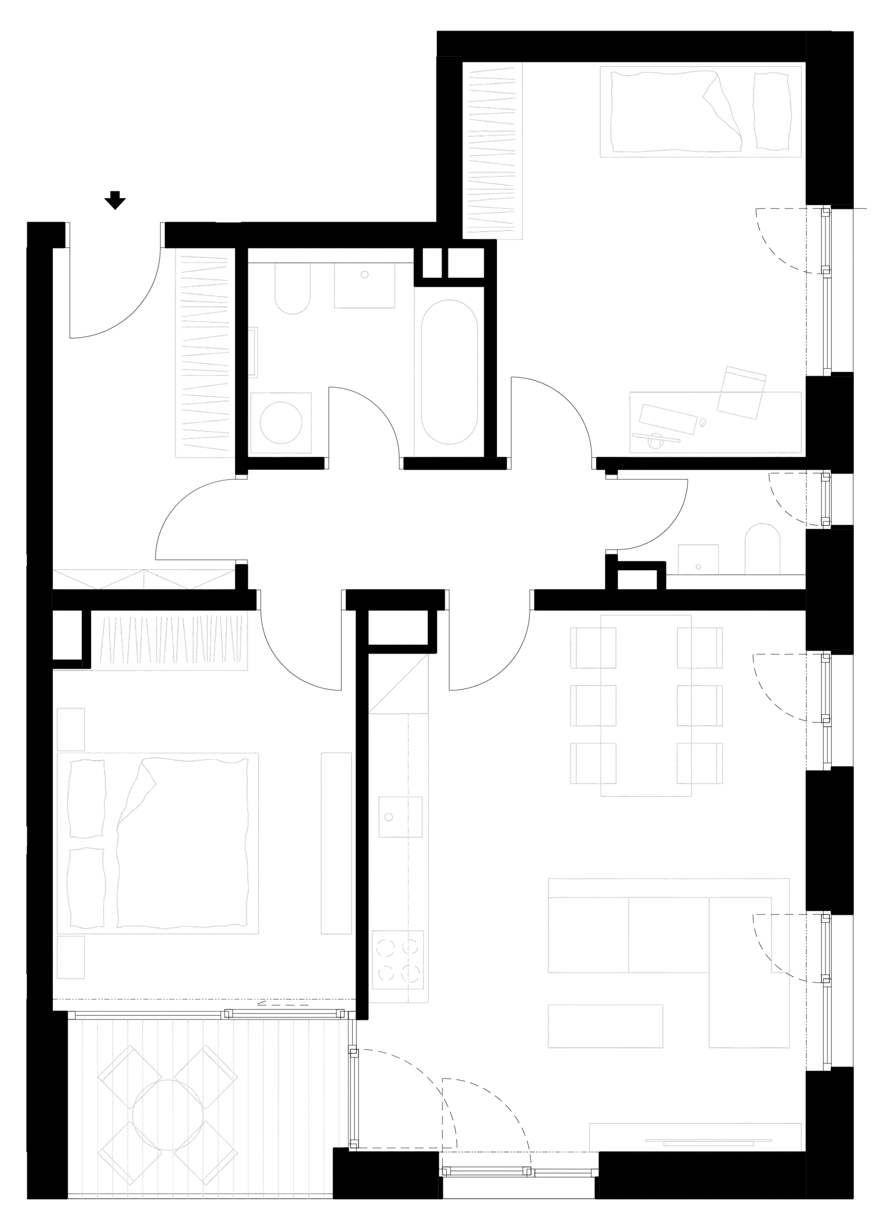 Půdorys moderního bytu s prostornými pokoji a nábytkem