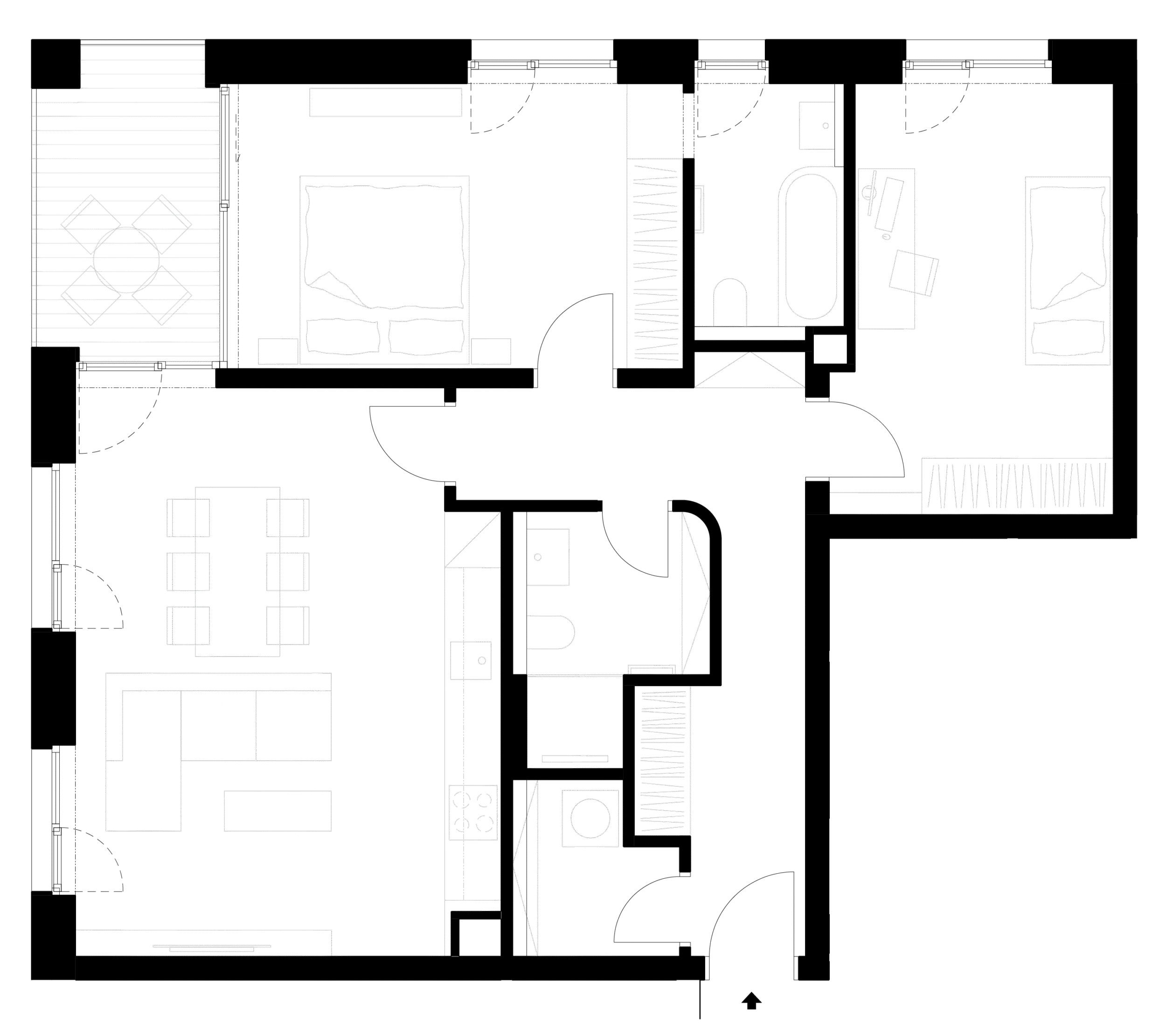 Půdorys moderního bytu s obývacím pokojem a koupelnou