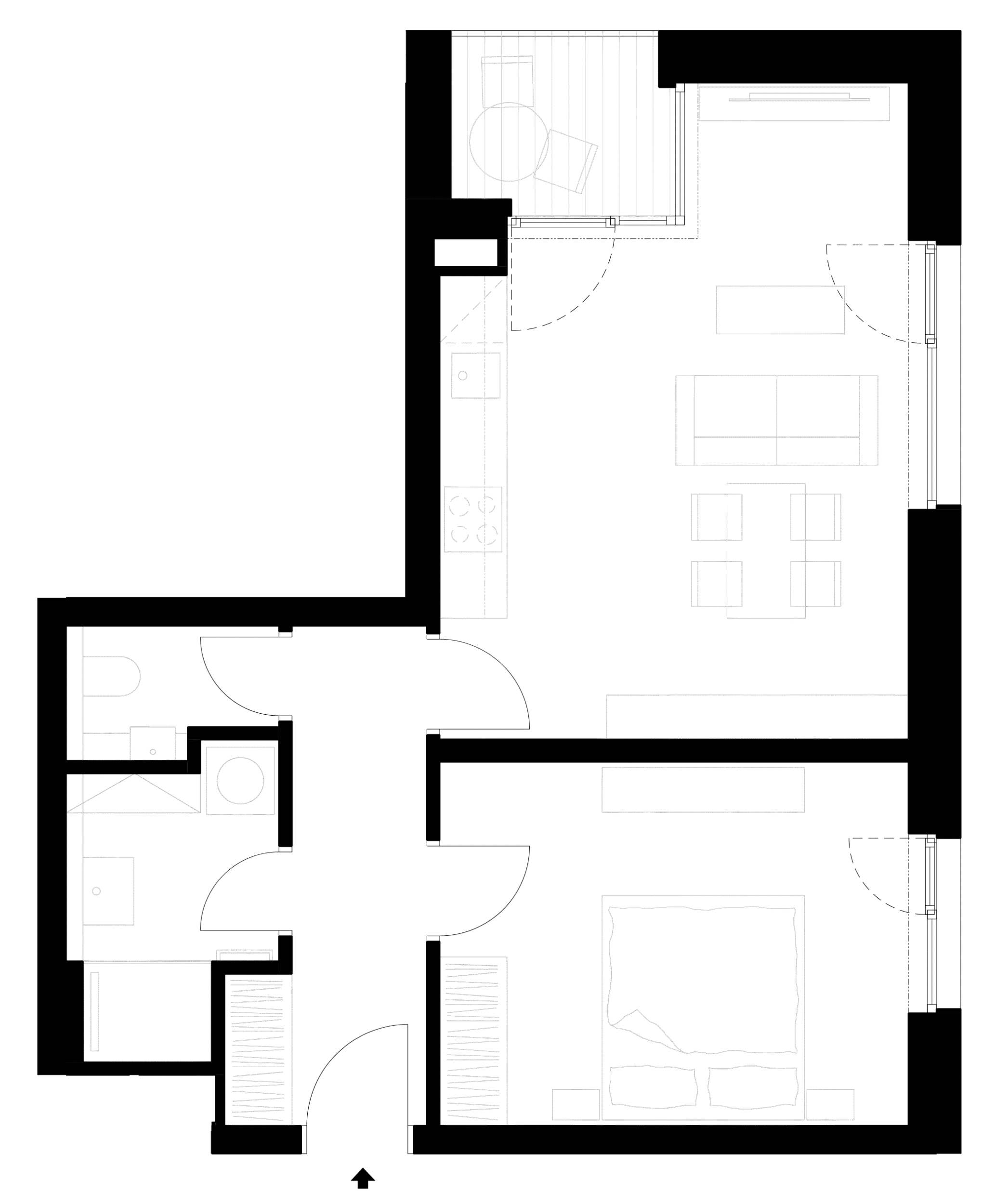 Půdorys bytu s nábytkem kuchyň obývací pokoj koupelna
