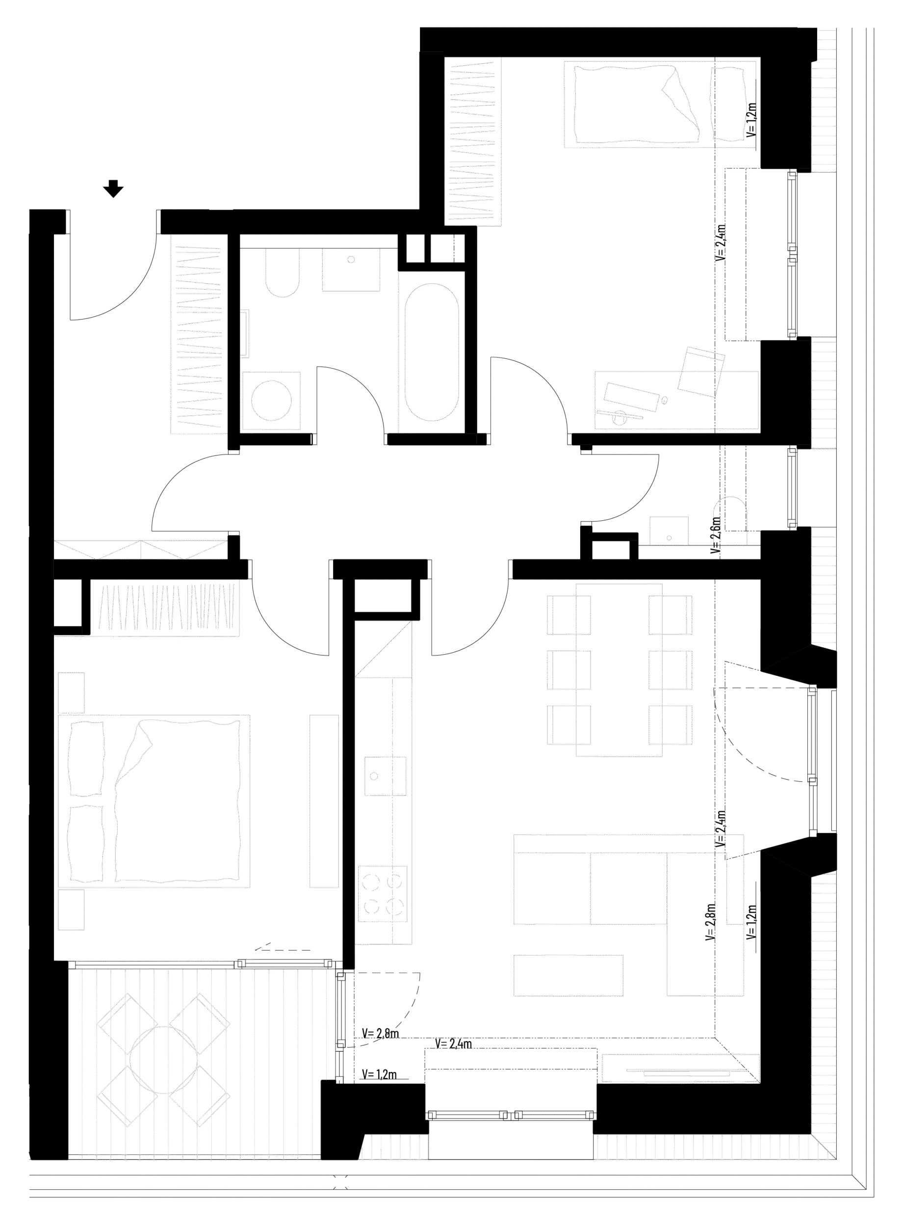 Plán moderního bytu s kuchyní a obývacím pokojem