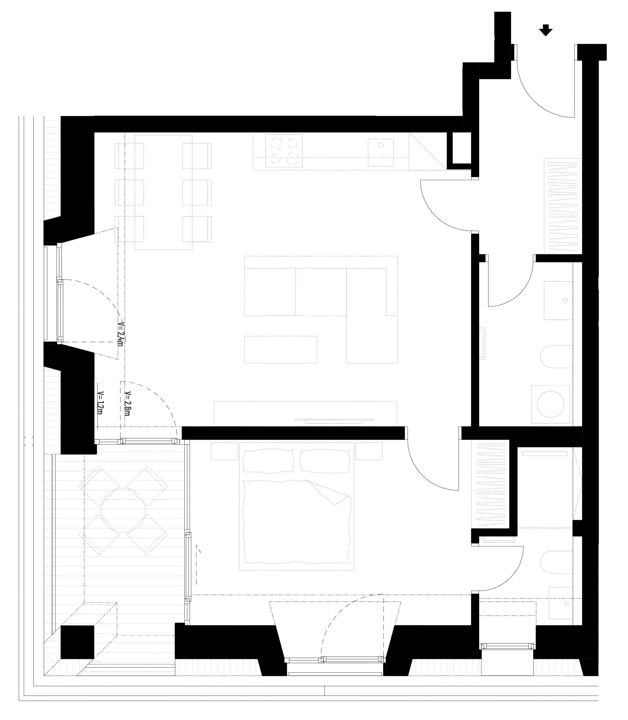 Půdorys bytu s kuchyní obývákem a jídelnou na tmavém pozadí