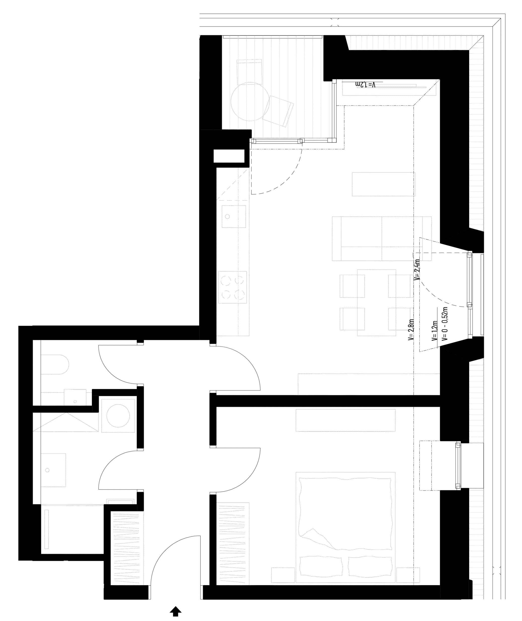 Půdorys bytu s obývacím pokojem kuchyní a ložnicí