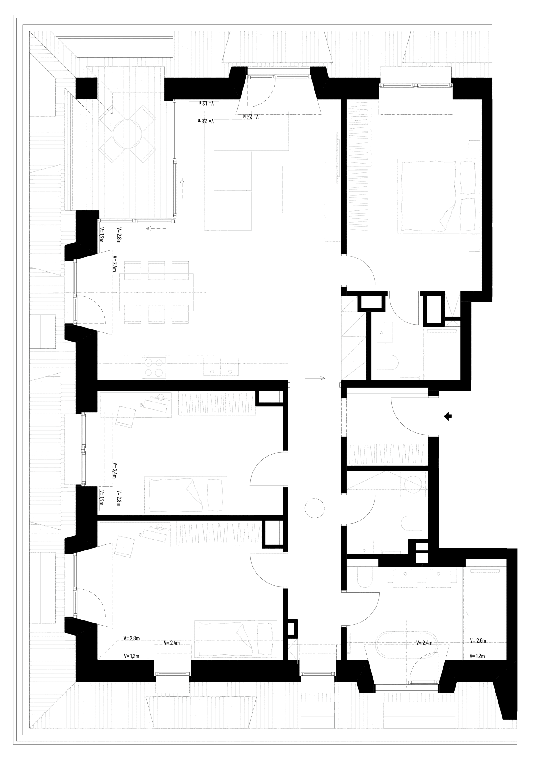 Půdorys interiéru moderního bytu s vybavením a uspořádáním