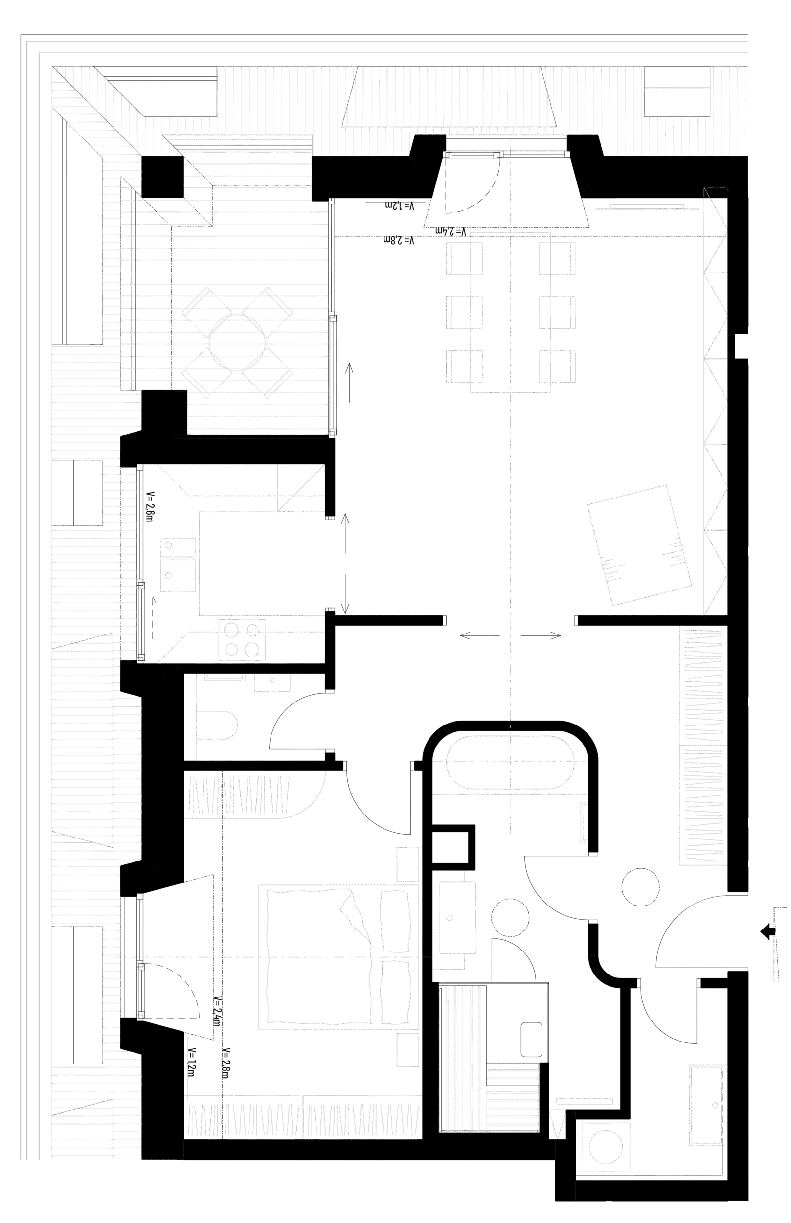 Plán bytu se zařízením kuchyně obývacího pokoje a ložnice
